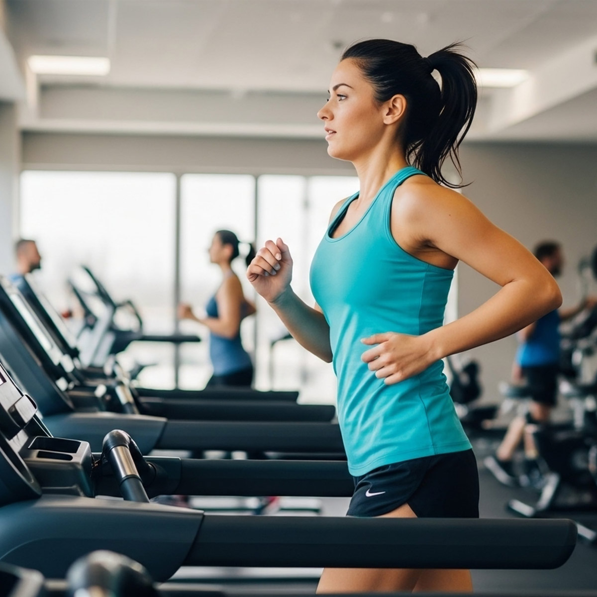 Frau trainiert auf Crosstrainer im modernen Fitnessstudio